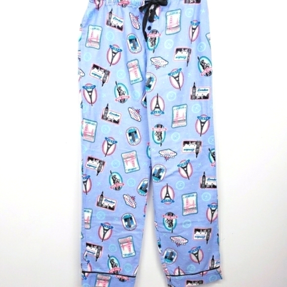 P.j. Salvage Blue Flannel Pajama Set Paris design Size Small - Picture 5 of 10